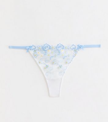 White and Blue Floral Embroidered Thong New Look
