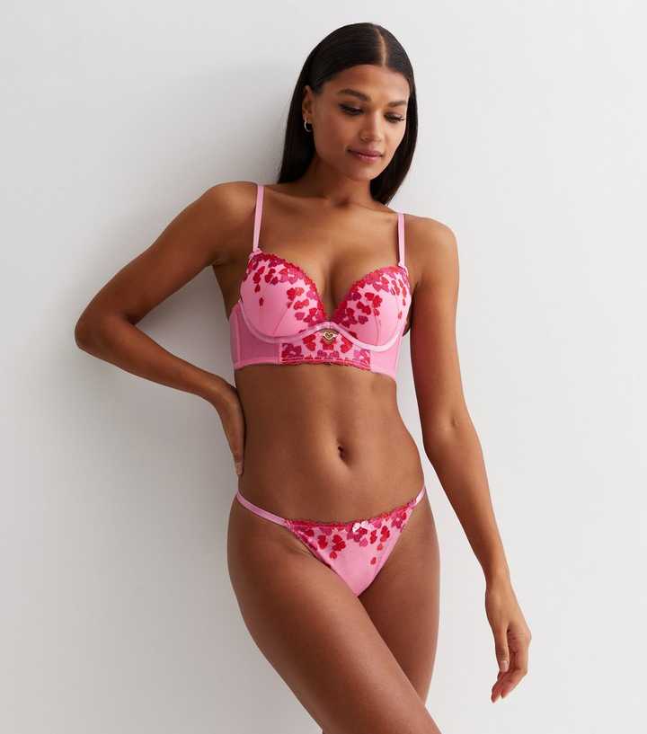 Baby Pink Heart Embroidered 3 Piece Lingerie Set
