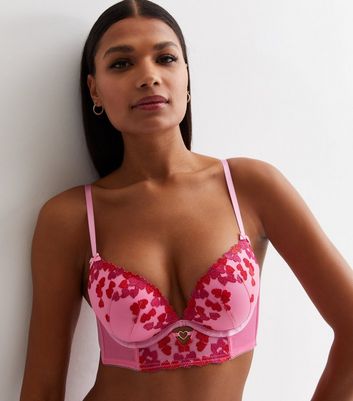 Pink Heart Print Embroidered Bra New Look