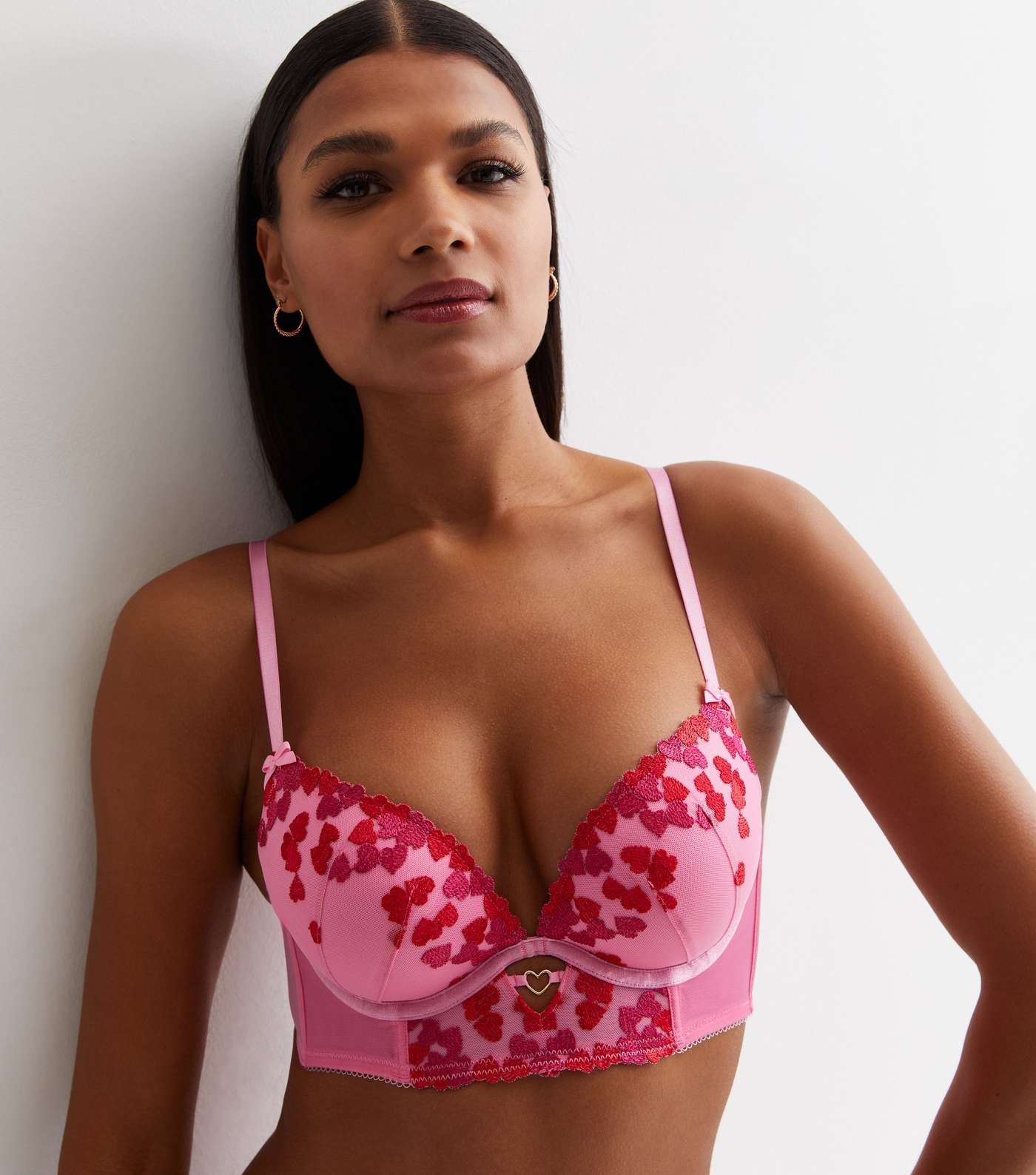 Pink Heart Print Embroidered Bra Image 2