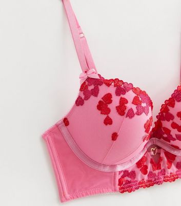 Pink Heart Print Embroidered Bra New Look