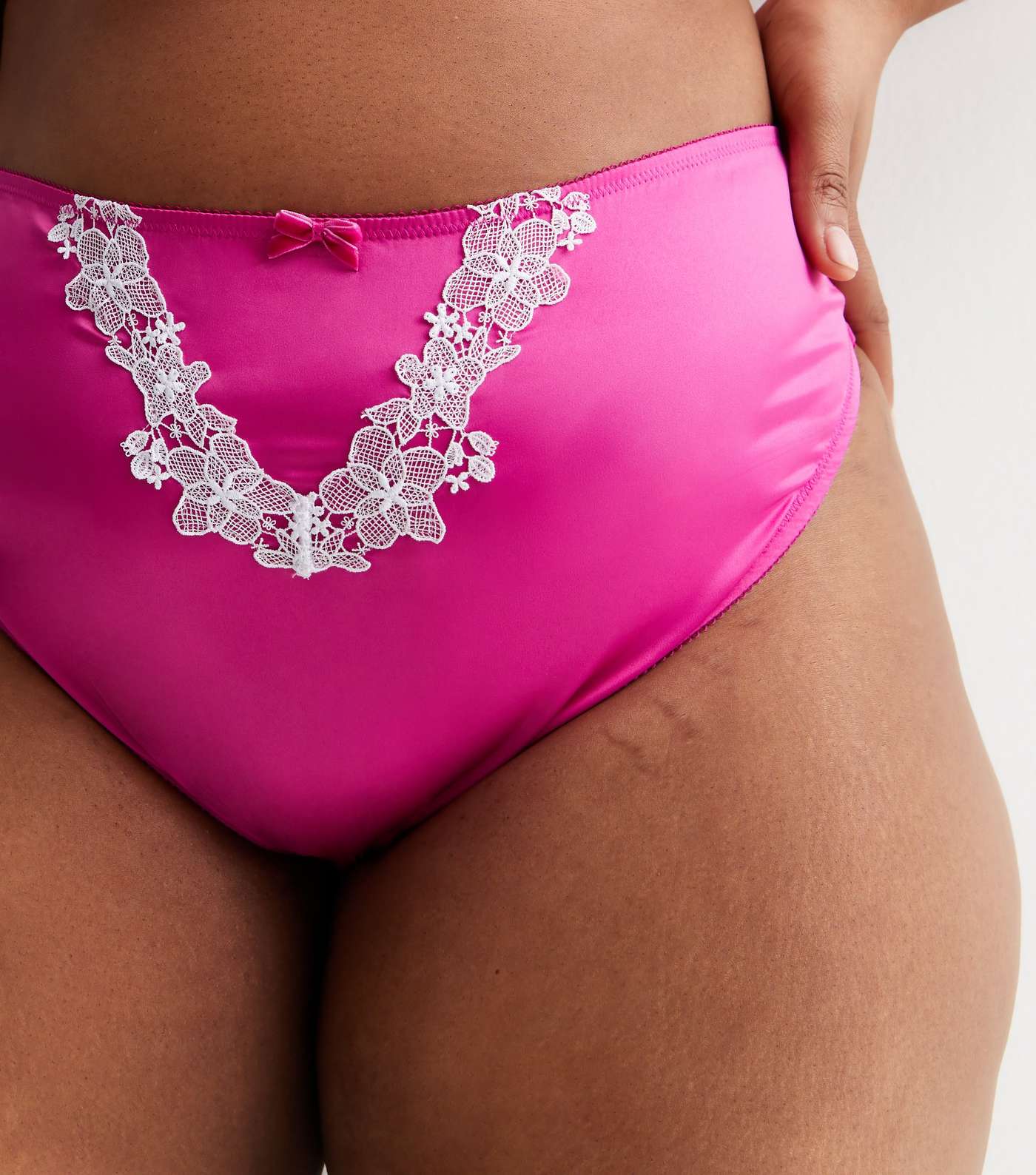 Curves Mid Pink Satin Embroidered Trim High Waist Thong Image 3