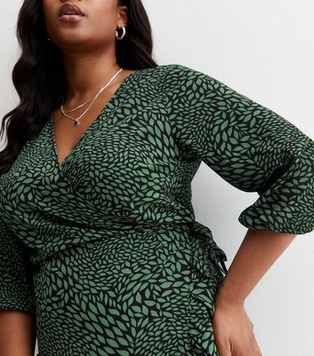 ONLY Curves Green Leaf Print Ruffle Midi Wrap Dress New Look