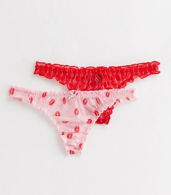 2 Pack Red and Pink Lips Print Thongs New Look