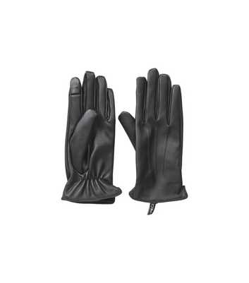 PIECES Black Leather-Look Touchscreen Gloves