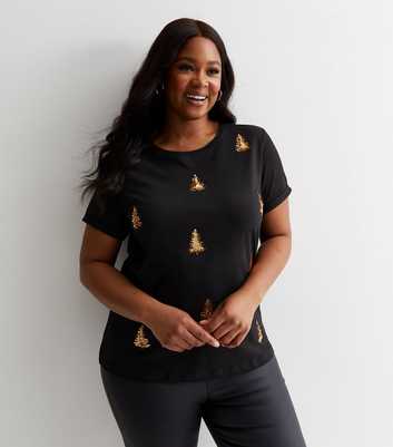 ONLY Curves Black Sequin Christmas Tree Logo T-Shirt