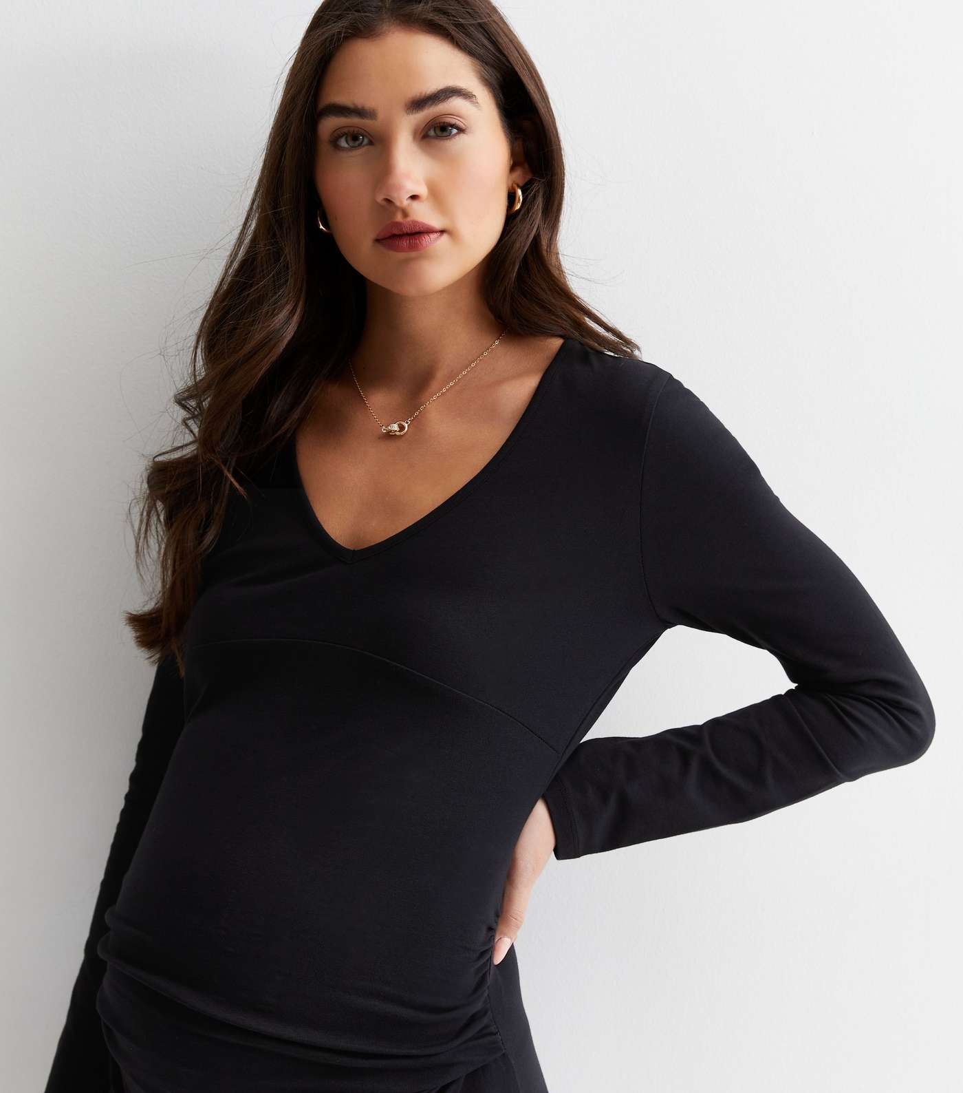 Maternity Black Jersey V Neck Midi Dress Image 2