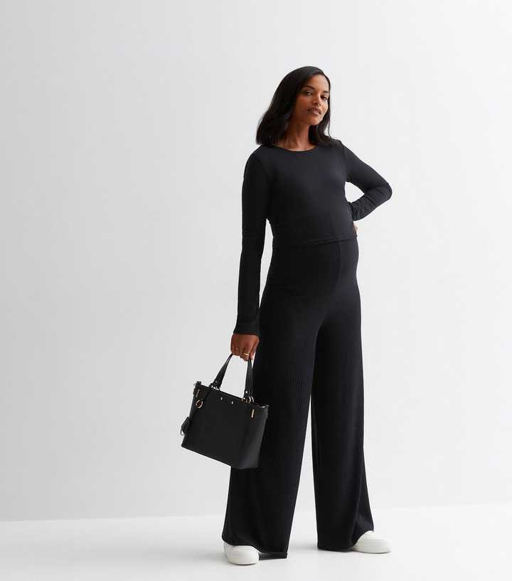 Maternity Black Ribbed Knit Nursing Jumpsuit