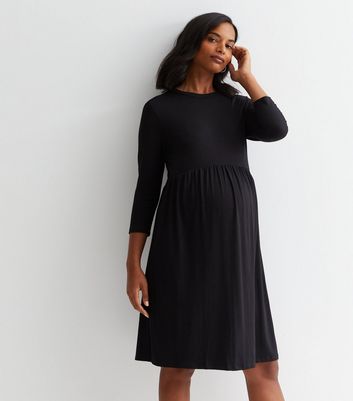 Maternity Black 3/4 Sleeve Smock Mini Dress New Look