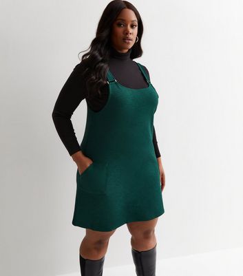 Curves Dark Green Crepe Mini Pinafore Dress New Look