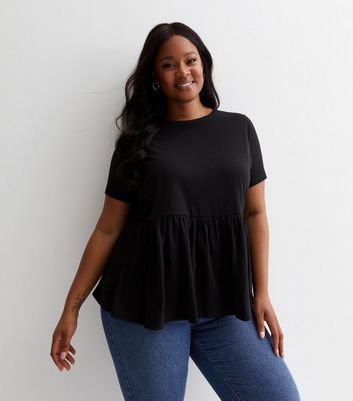 Curves Black Cotton Short Sleeve Peplum Top New Look