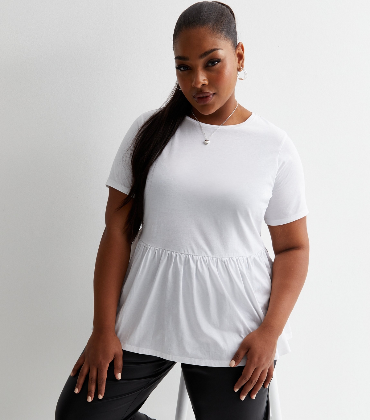 Women's Plus Size White Cotton Short Sleeve Peplum Top Curves New Look