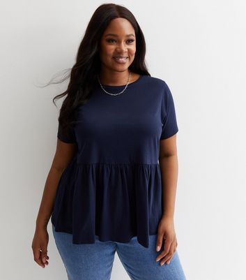 Curves Navy Cotton Short Sleeve Peplum Top New Look