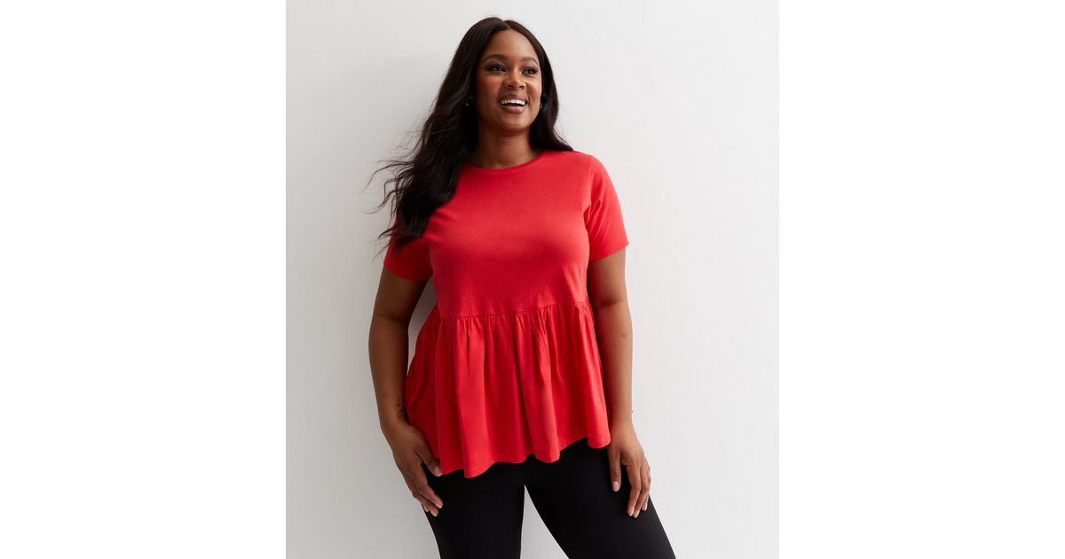 Curves Red Cotton Short Sleeve Peplum Top New Look