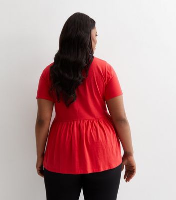 Curves Red Cotton Short Sleeve Peplum Top New Look