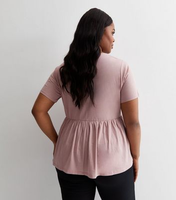 Curves Mid Pink Cotton Short Sleeve Peplum Top New Look