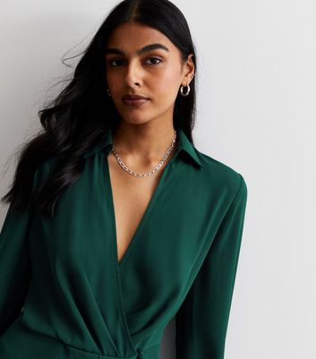 Dark Green Wrap Front Collared Blouse New Look