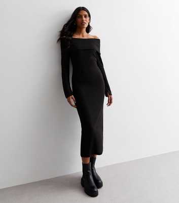 Black Ribbed Knit Bardot Long Sleeve Midi Dress