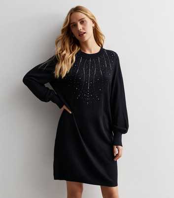 Sunshine Soul Black Embellished Knit Mini Jumper Dress