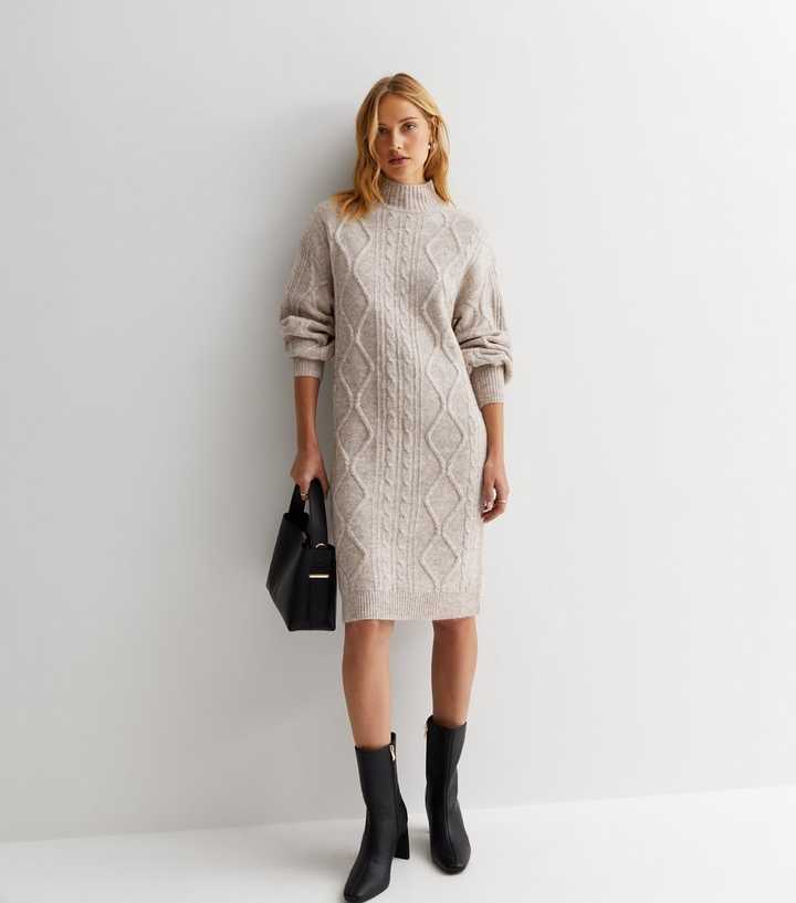 Sunshine Soul Cream Cable Knit High Neck Midi Dress