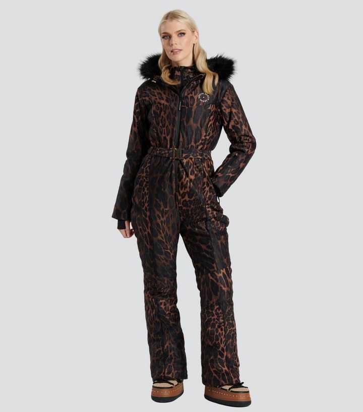 South Beach Brown Leopard Print Faux Fur Trim Ski Snowsuit