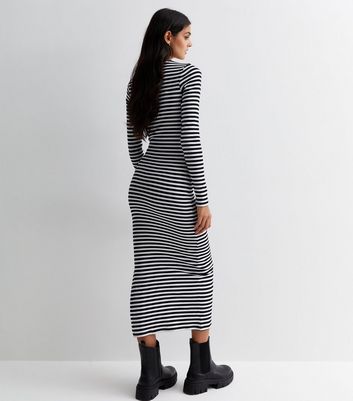 Black Stripe Ribbed Jersey Split Hem Midi Dress New Look