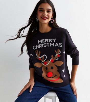 ONLY Navy Knit Reindeer Christmas Jumper New Look