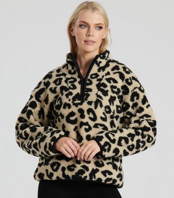 South Beach Brown Leopard Print Fleece Zip Neck Jumper New Look