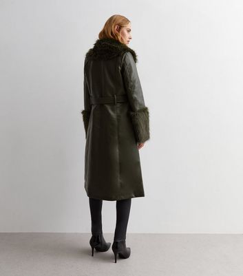 ONLY Olive Leather-Look Faux Fur Trim Coat New Look