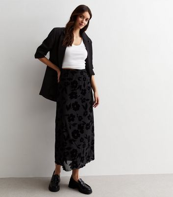 ONLY Black Floral Flocked Midaxi Skirt New Look