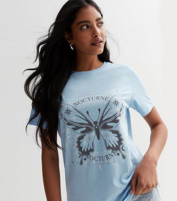Pale Blue Nocturne Mystic Butterfly Logo T-Shirt New Look