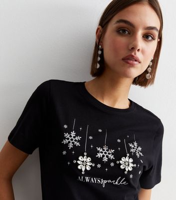 Black Cotton Always Sparkle Snowflake Logo T-Shirt New Look