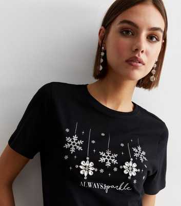 Black Cotton Always Sparkle Snowflake Logo T-Shirt