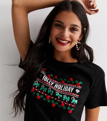 Black Cotton Jolly Holiday Logo T-Shirt