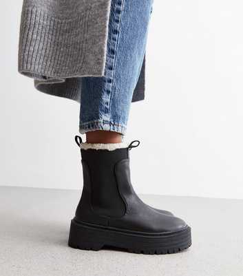 Public Desire Black Leather-Look Chunky Teddy Lined Chelsea Boots