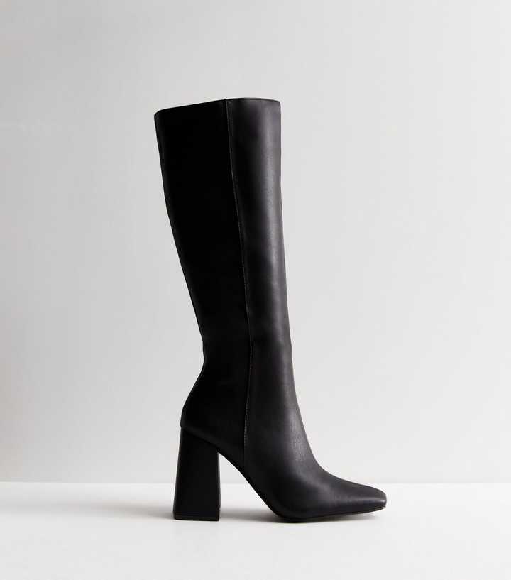 Public Desire Apology Black Faux Leather Block Heel Knee High Boots