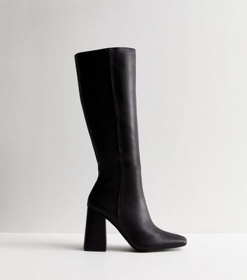 Public Desire Black Leather-Look Block Heel Knee High Boots | New Look