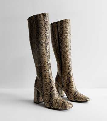 Public Desire Brown Faux Snakeskin Block Heel Knee High Boots