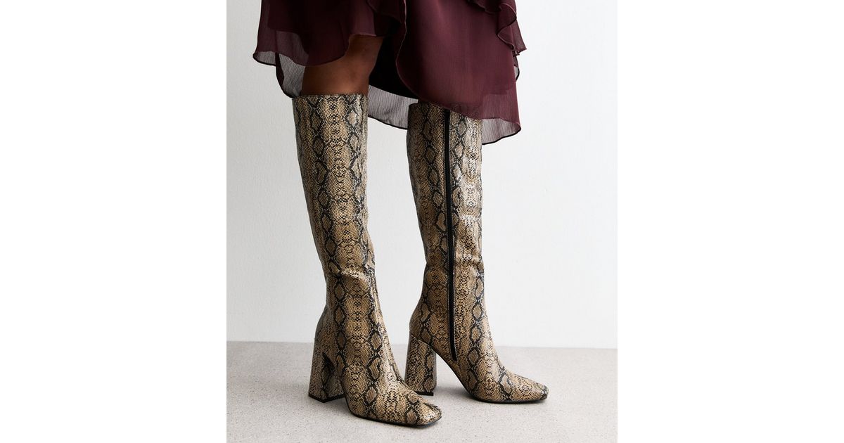 Public Desire Apology Brown Faux Snakeskin Block Heel Knee High Boots ...