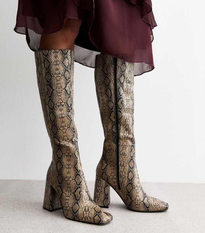 Public Desire Apology Brown Faux Snakeskin Block Heel Knee High Boots