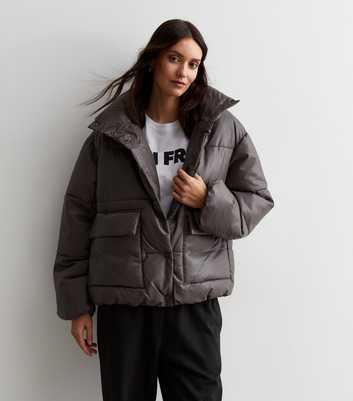 ONLY Grey Leather-Look Oversized Puffer Jacket