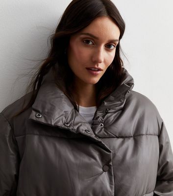 ONLY Grey Leather-Look Oversized Puffer Jacket New Look