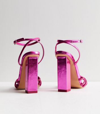 Public Desire Mid Pink Metallic Knot Block Heel Sandals | New Look