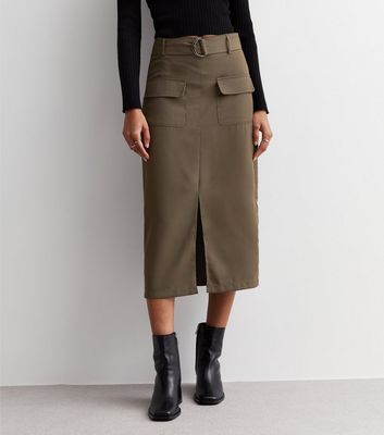 Blue Vanilla Olive Belted Split Hem Utility Midi Skirt New Look
