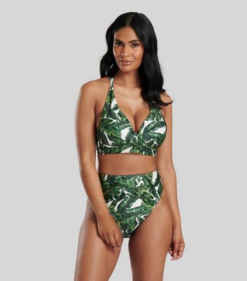 South Beach Green Leaf Print Twist Bikini Set New Look