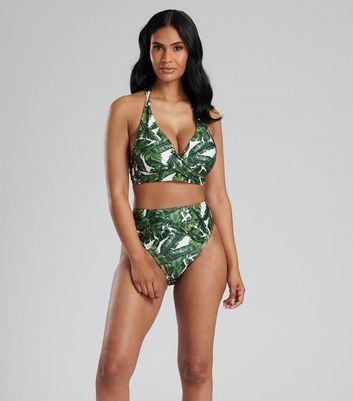 South Beach Green Leaf Print Twist Bikini Set New Look