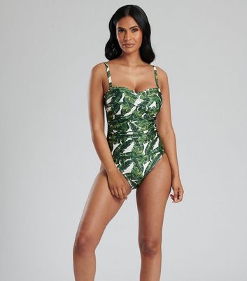 South Beach Green Leaf Print Twist Swimsuit New Look