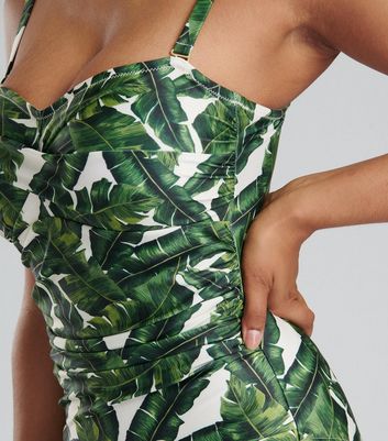 South Beach Green Leaf Print Twist Swimsuit New Look