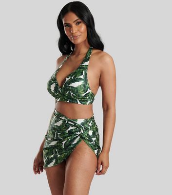 South Beach Green Leaf Print Twist Mini Beach Skirt New Look