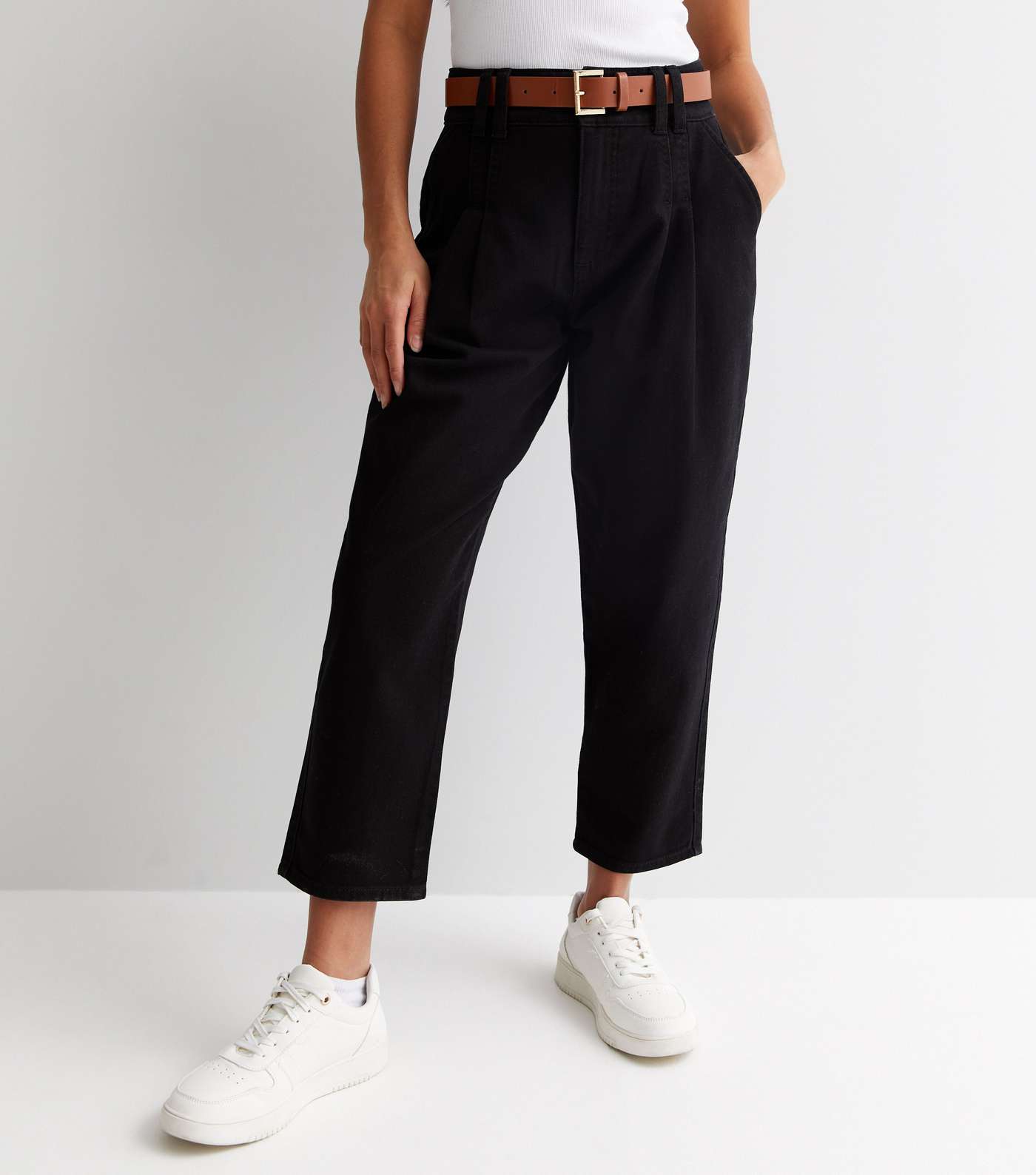 Petite Black Cotton Belted Crop Trousers Image 2